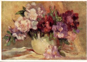 A postcard of a painting of a vase of flowers. This postcard was sent to Vestdijkkring in the 1950s at Veluweland, a Dutch psychiatric clinic