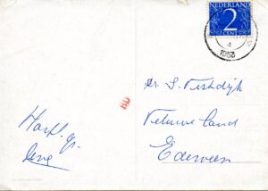 Back of postcard sent to Vestdijkkring in the 1950s at Veluweland, a Dutch psychiatric clinic