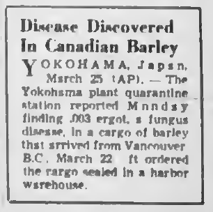 A newspaper snippet from Victoria BC's The Daily Colonist from 1952 with the headline "Disease Discovered in Canadian Barley"