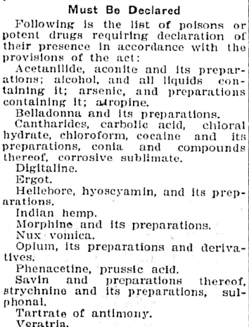 Newspaper clipping from 1917 that provides a list of poisons or potent drugs requiring a declaration of presence, including ergot