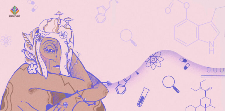 A femme figure with psychedelic plants growing from her head against a pink background representing psychedelic medicine.
