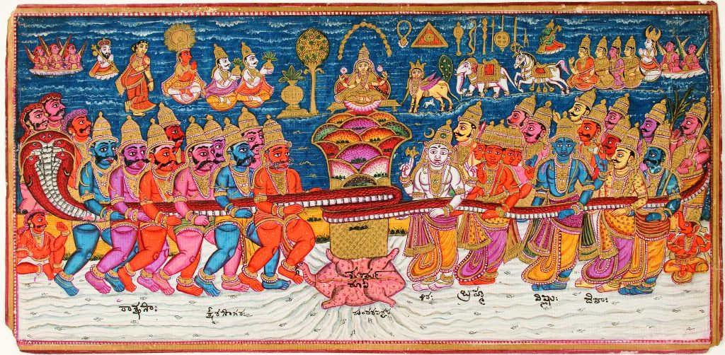 "The Churning of the Ocean Milk" is a painting of Hindu gods under the ocean attempting to create soma from the waters.
