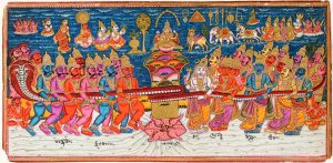 "The Churning of the Ocean Milk" is a painting of Hindu gods under the ocean attempting to create soma from the waters.