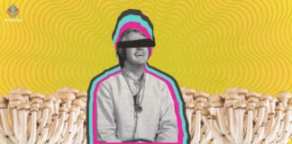 Gurus Behaving Badly: Anaïs Nin’s Diary & the Value of Gossip A white man, Timothy Leary, is looking up and smiling. There is a black mark over his eyes and the background is yellow with mushrooms.