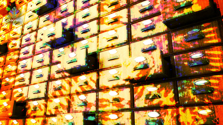 An archival file cabinet with some drawers open represented in psychedelic colours.