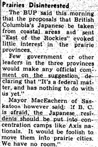 A newspaper article from 1942 demonstrating apathy towards Japanese internment in the Canadian prairies.