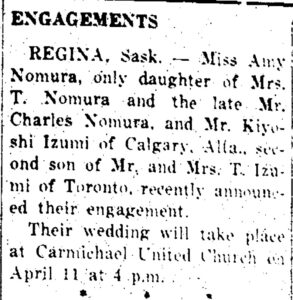 April 1950 engagement announcement for Kiyoshi Izumi and Amy (Nomura) Izumi