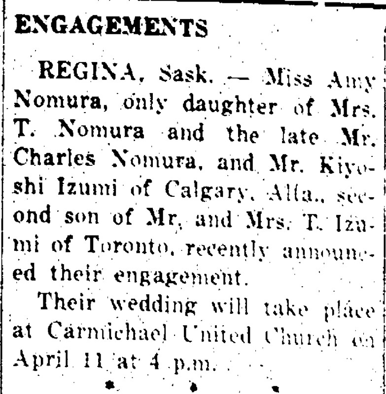 April 1950 engagement announcement for Kiyoshi Izumi and Amy (Nomura) Izumi