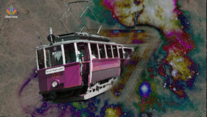 Susi Ramstein rode a tram during her first LSD trip. This tram breaking through a psychedelic image represents this moment.