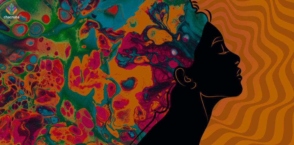 Kathleen Harrison, a psychedelic woman, represented with a black silhouette with flowers pouring from behind it against an orange background