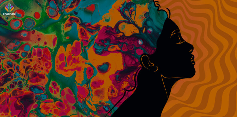 Kathleen Harrison, a psychedelic woman, represented with a black silhouette with flowers pouring from behind it against an orange background