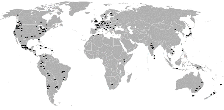 Global distribution of psychoactive mushrooms, a map