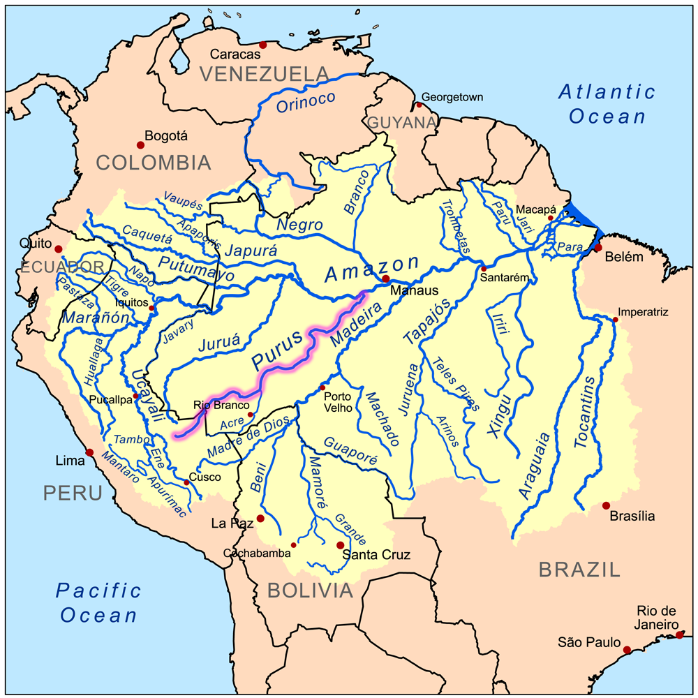 This is a map of the Amazon River drainage basin with the Purus River highlighted.