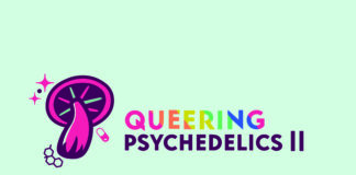Queering Psychedelics II Queering Psychedelics II logo with pink mushroom. The letters of "Queering" are in rainbow colors.