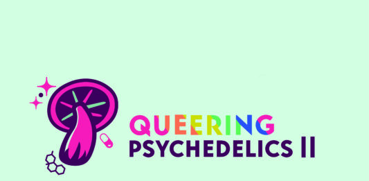 Queering Psychedelics II logo with pink mushroom. The letters of "Queering" are in rainbow colors.