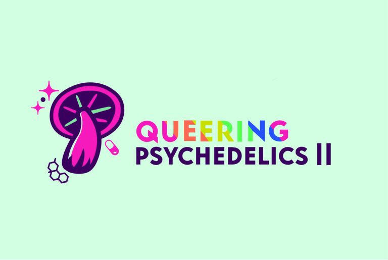 Queering Psychedelics II logo with pink mushroom. The letters of "Queering" are in rainbow colors.