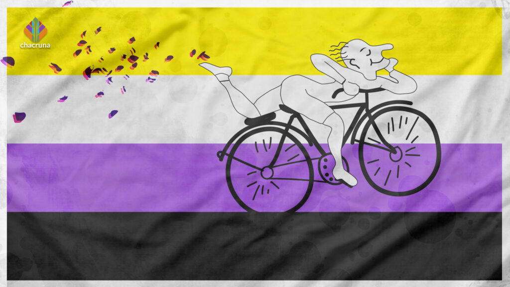 A white figure with a smile on their face rides a black bicycle with the non-binary flag in the background