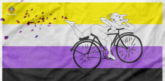 Beyond Inclusion: How Non-Binary People Can Transform the Psychedelic Industry A white figure with a smile on their face rides a black bicycle with the non-binary flag in the background