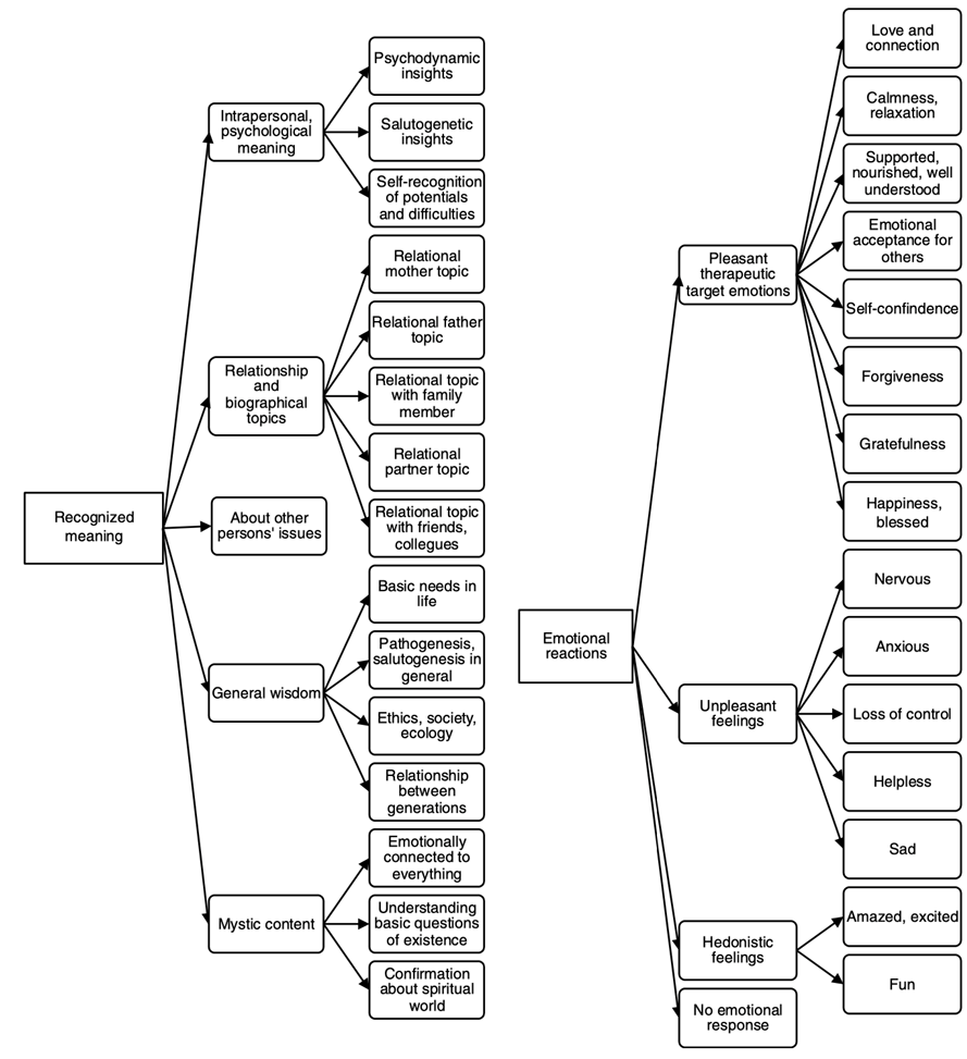 Flow chart showing Recognized meaning of psychedelic content and emotional reactions reported after a shamanic ayahuasca ceremony in the Amazon region in narrative interviews of nine foreign participants using qualitative content analyses.
