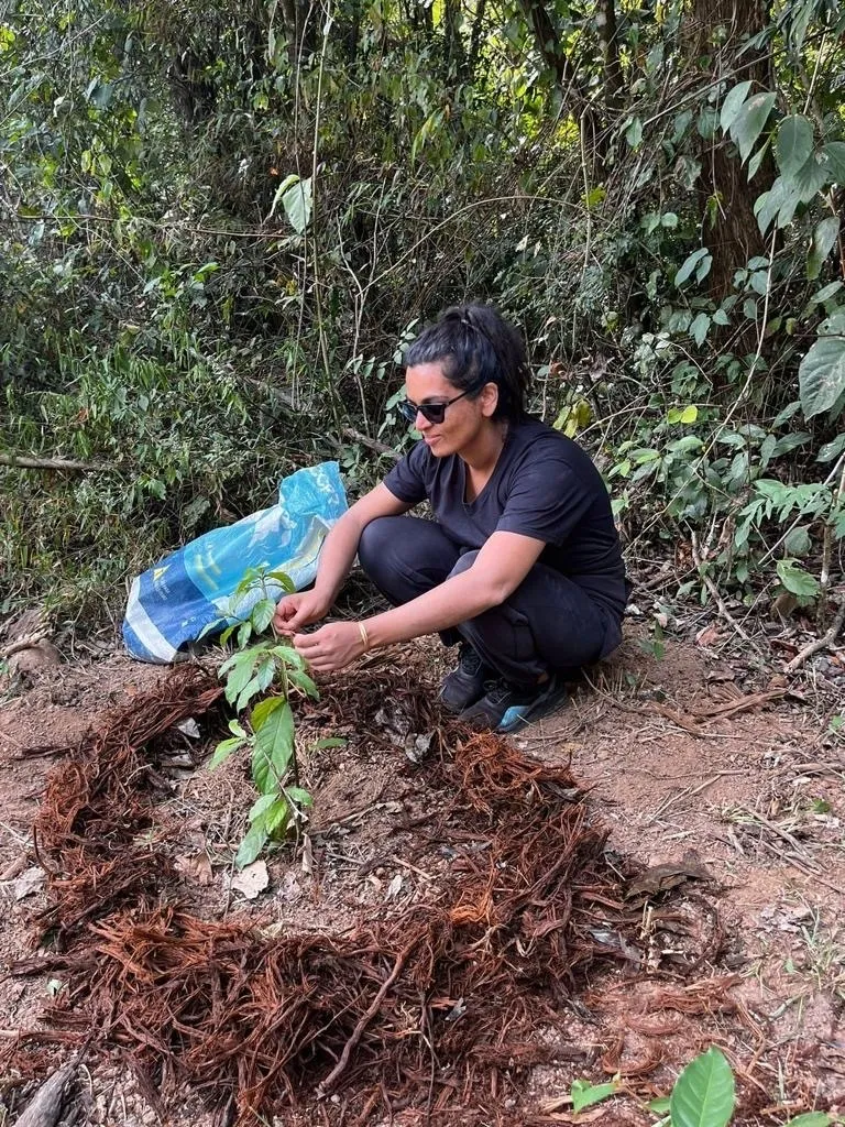 A woman plants an ayahuasca plant.