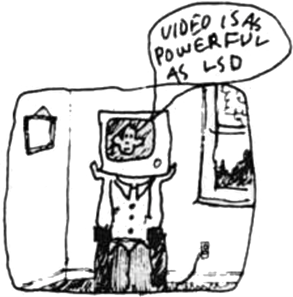 History of Electronics and Psychedelics: A cartoon showing a man sitting in a chair holds a TV up to his face where is read is pictured, he is saying "Video is as powerful as LSD."