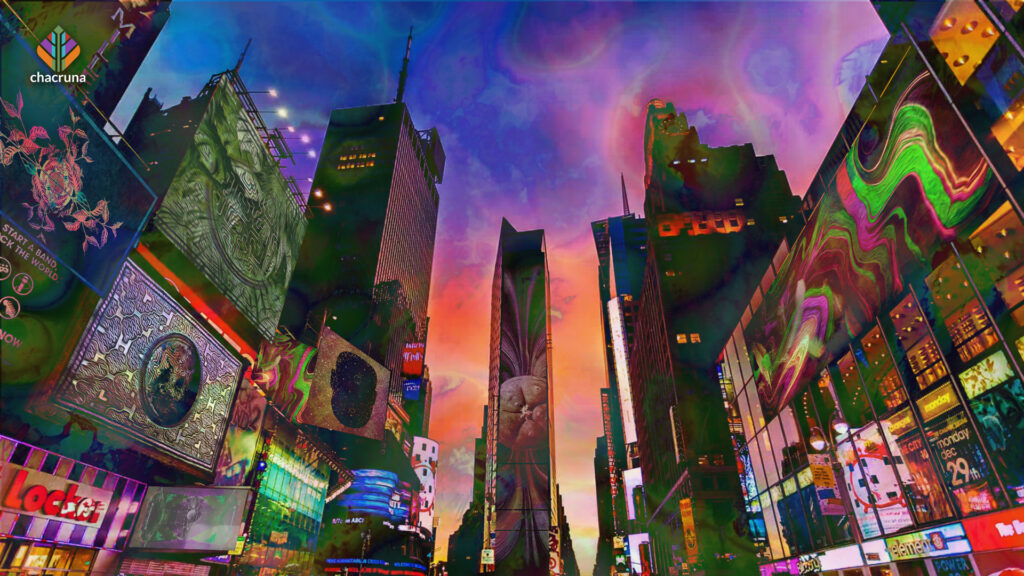 A futuristic city skyline with psychedelic colouring 