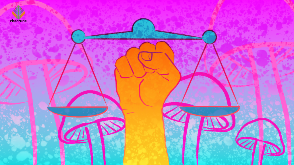 An orange and yellow first reaches up against a background that shows psychedelic mushrooms and the scales of justice in pink and blue - Jasmine Cumetti reflects on a transformative 10-week course at the Chacruna Institute on psychedelics, diversity, and social justice.