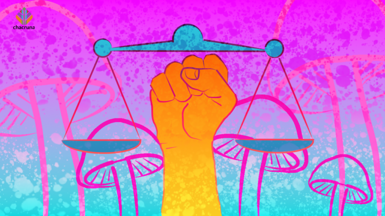 An orange and yellow first reaches up against a background that shows psychedelic mushrooms and the scales of justice in pink and blue - Jasmine Cumetti reflects on a transformative 10-week course at the Chacruna Institute on psychedelics, diversity, and social justice.