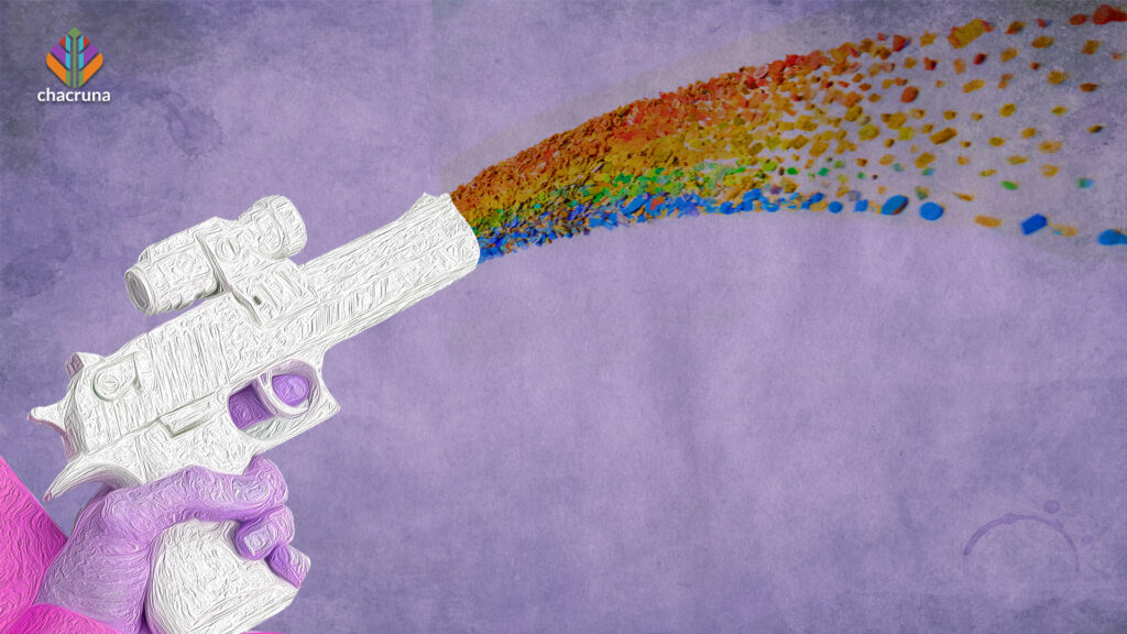 A graphic of a pink hand holding a white gun shooting a glitter rainbow against a pink backdrop that represents queer activism and psychedelics intertwining