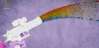 The Psychedelic Path to Resilience: Queer Activists and Collective Liberation A graphic of a pink hand holding a white gun shooting a glitter rainbow against a pink backdrop that represents queer activism and psychedelics intertwining