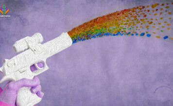 The Psychedelic Path to Resilience: Queer Activists and Collective Liberation A graphic of a pink hand holding a white gun shooting a glitter rainbow against a pink backdrop that represents queer activism and psychedelics intertwining