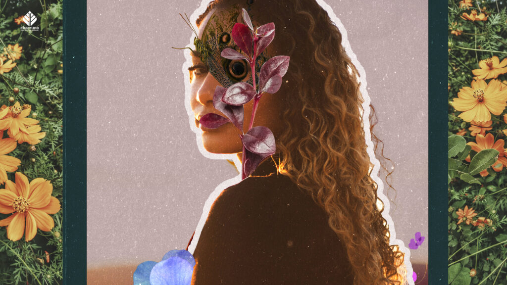 A black woman with flowers around her face, representing A broken relationship with nature mirrors human betrayal—trust fractured by wildfires and disasters. Healing requires reconnection, acceptance, and mutual restoration.