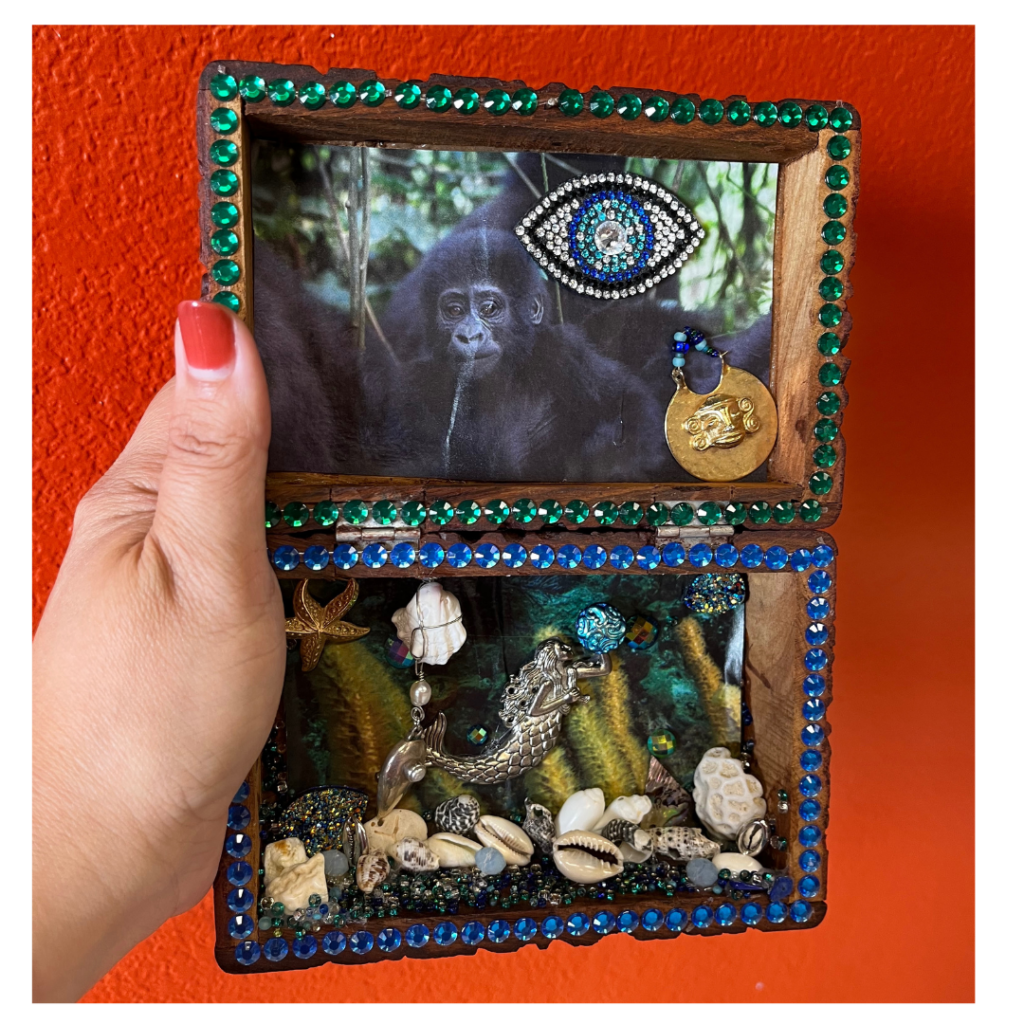 A piece of art made in a box, kind of a diorama, featuring a mermaid and shells on the bottom and the picture of a chimp on the top