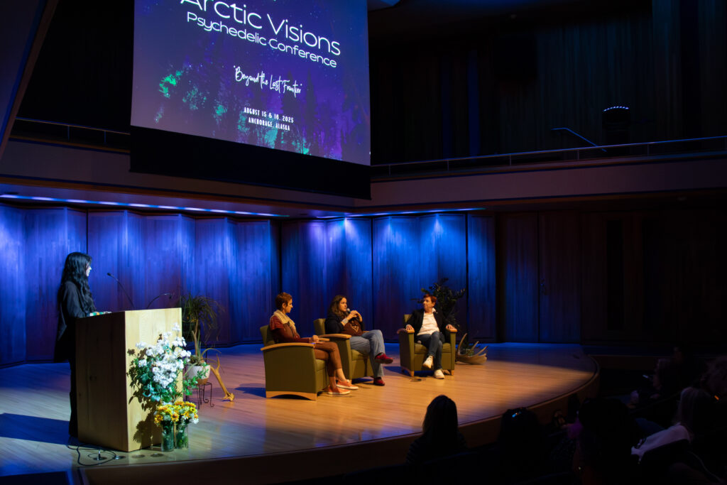 "Building a Fair and Just Psychedelic Movement" panel, Arctic Visions, 15 August 2025. Left to right: Lorien Chavez (moderator), Jo Wunderly, Bia Labate, and Clancy Cavnar. Photo Credit: Horacio Guevara.