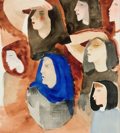 Watercolor illustration depicting multiple women’s faces and profiles in warm earthy tones and blues, layered together, evoking emotional expression, diversity, and shared feminine experience.