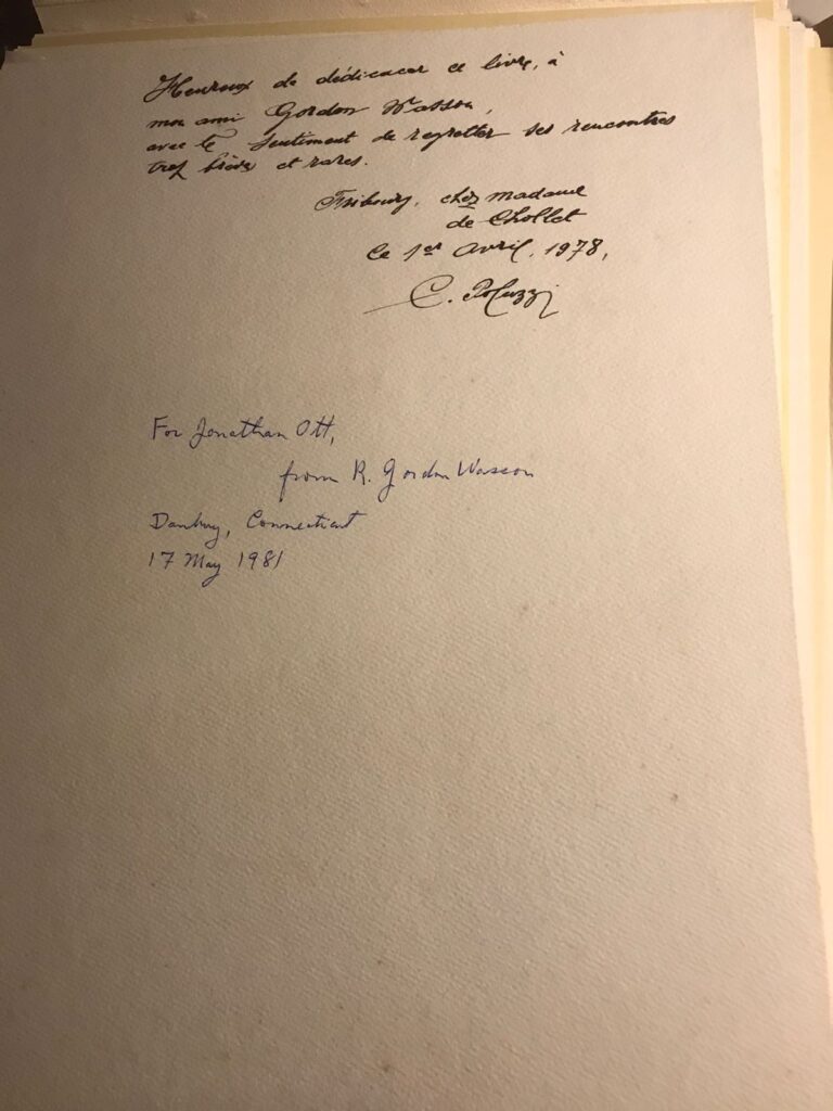This single page contains a 1978 dedication by Swiss illustrator Charles Poluzzi to R. Gordon Wasson, who later gave the same copy to Jonathan Ott in 1981.