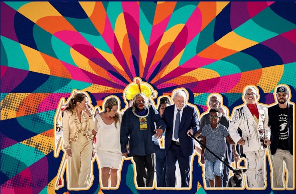 Psychedelic dawn. APB artwork over a photograph of Lula's inauguration, Brasília, 1 January 2023.